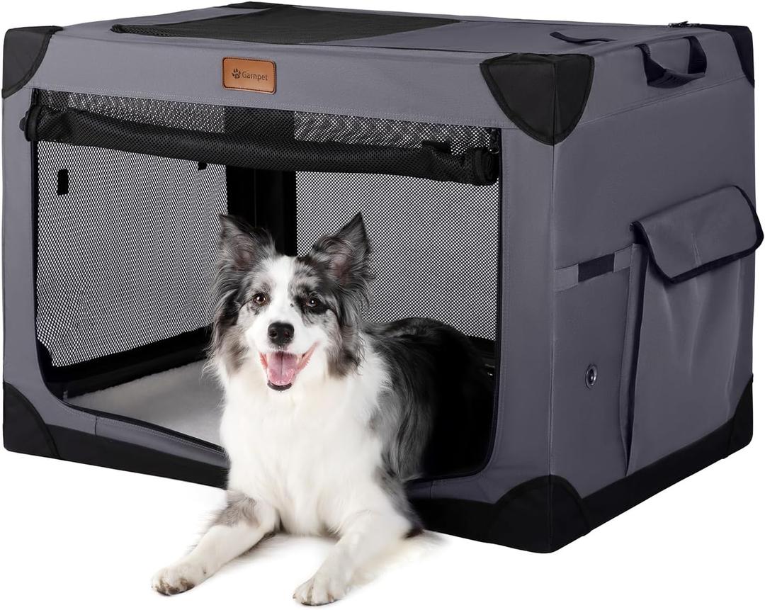 Garnpet Soft Dog Crate for Extra Large Dogs, 4-Door Foldable Collapsible Dog Crate with Soft Sides, Indoor & Outdoor Travel Dog Kennel, Dark Grey