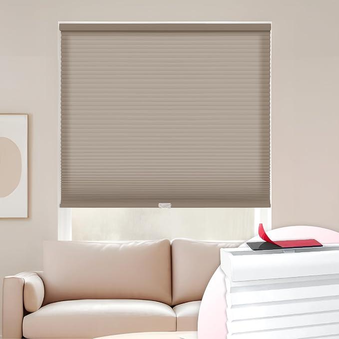 DEZ FURNISHINGS EZ Stick No Drill No Tools Cordless 1" Light Filtering Cellular Shade, 23.5" W x 42" H, Linen