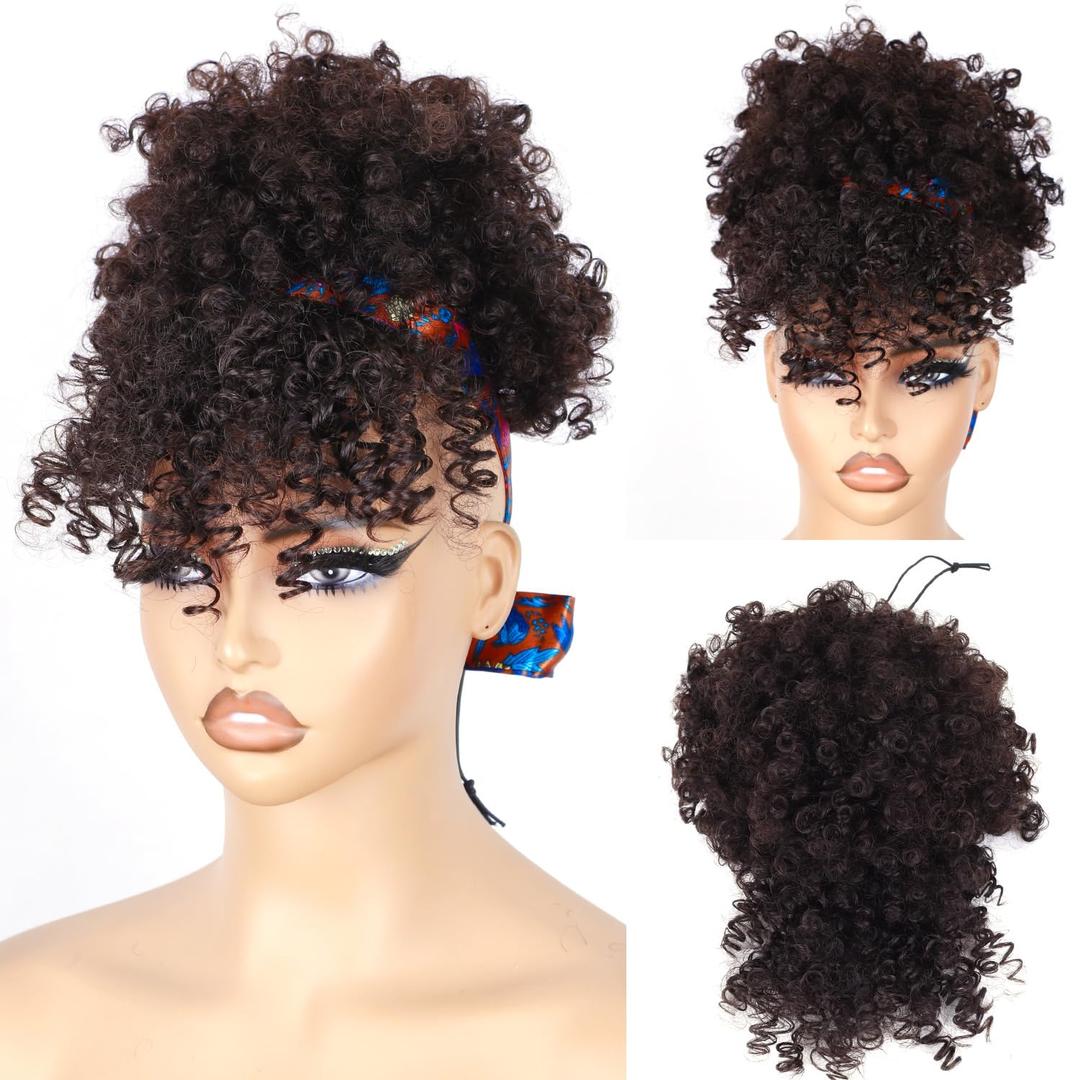 builson Drawstring Ponytail for Black Women, Afro Puff Kinky Curly Hair Ponytail Extension with Bangs Updo Natural Hair Ponytail (4# Dark Brown)