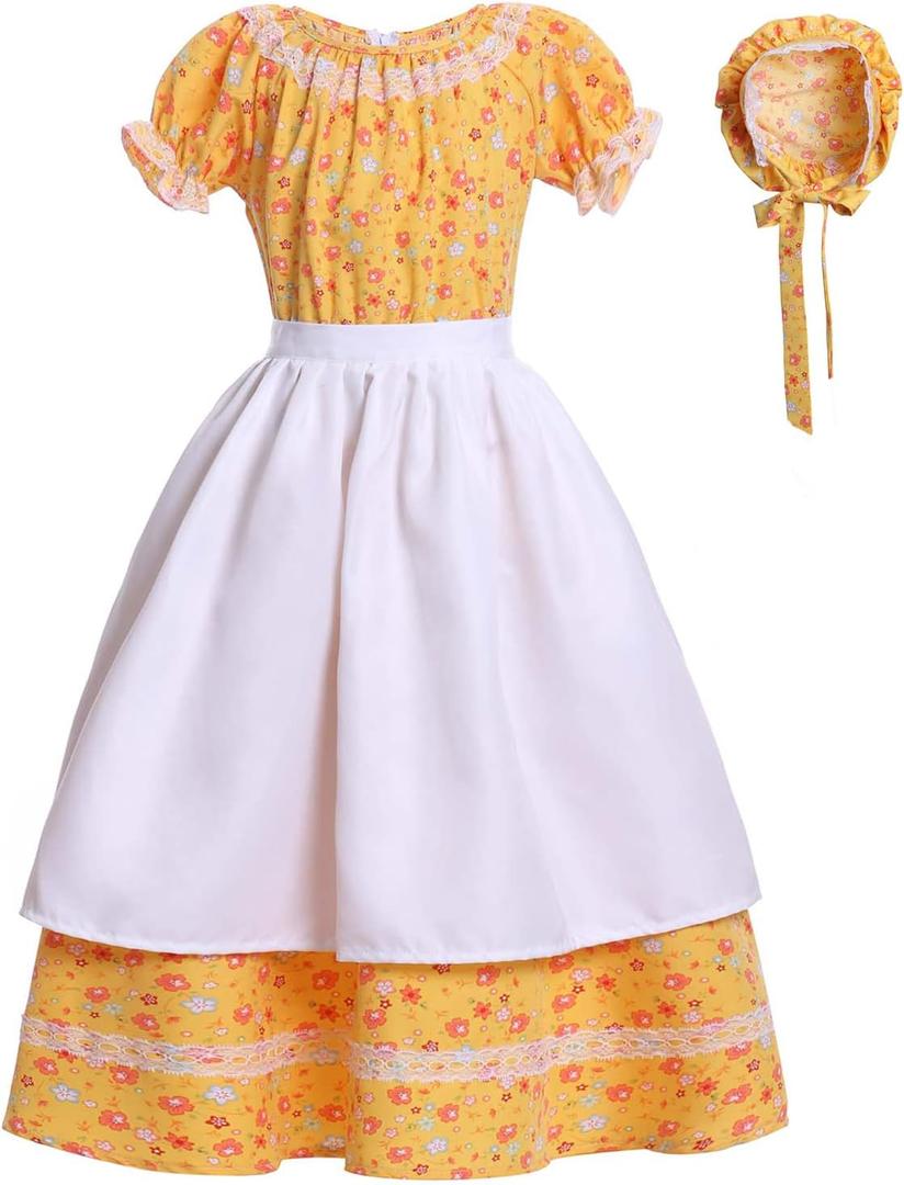 Girls Pioneer Prairie Costume Dress Kids Floral Colonial Village Costumes (Large, Yellow - Short Sleeves)
