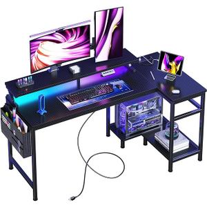 DUMOS Gaming Desk, Computer Desk with USB Charging Ports, Power Outlets, Type-C and LED Lights, Reversible L Shaped Desk with Storage Shelves & Monitor Stand for Office Gaming Room Black 48IN