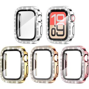 Goton 4-Pack Bling Case for Apple Watch Screen Protector 40mm Series 6/5/4, SE 3/2/1, Women Glitter Diamond Rhinestone Protector for iWatch Cover Accessories 40 mm (Silver+Gold+Rose Gold+Pink( Glass))