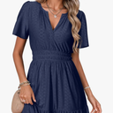 Womens 2025 Summer Long Dress Eyelet Short Sleeve Cocktail Short Dresses Cute A Line Sun Dress with Pockets Size L