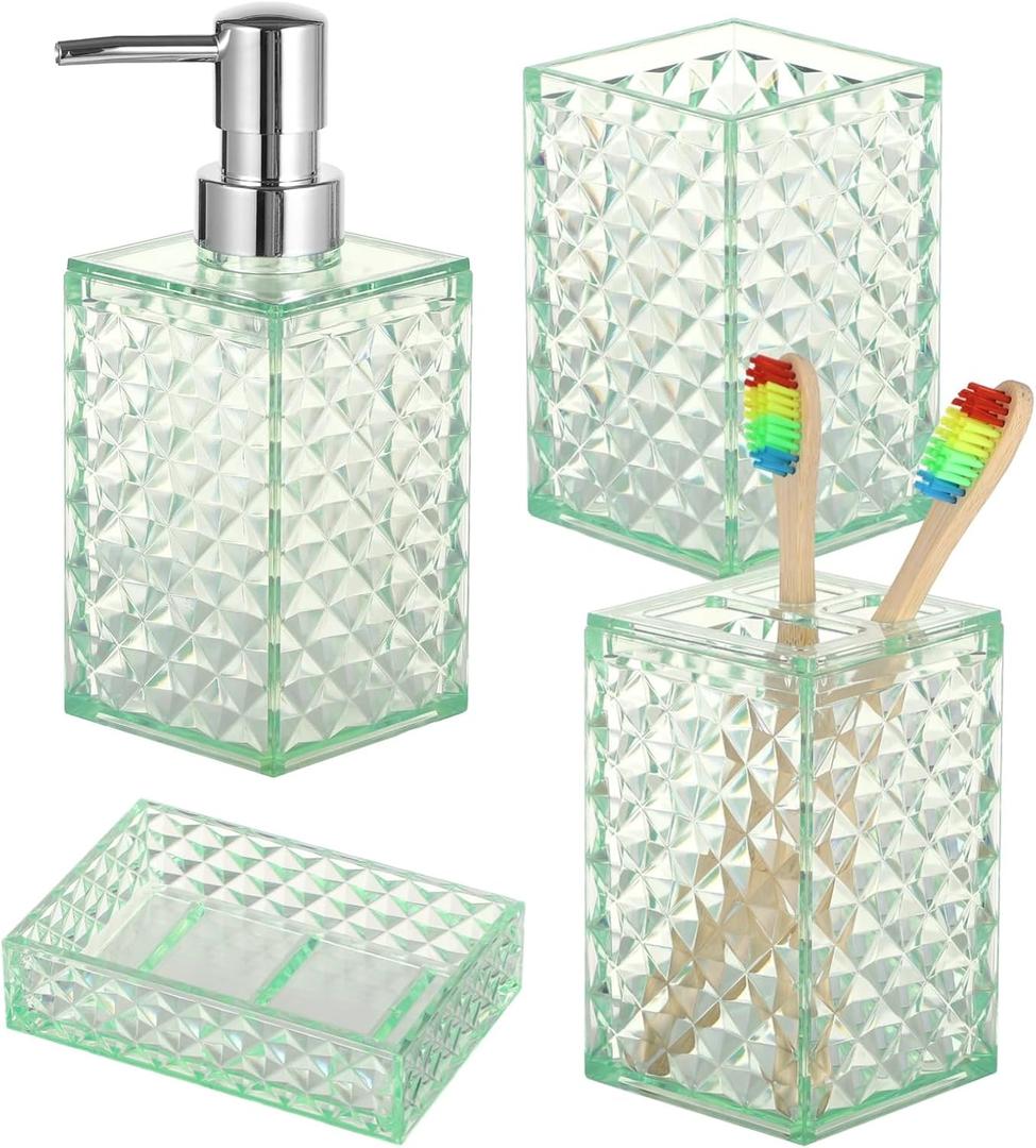 4 PCS Green Glass Bathroom Accessories Sets Countertop - Bathroom Counter Set, 3D Texture, Liquid Dispenser, Toothbrush Holder, Mouthwash Cup, Soap Dish