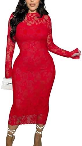 Binightt Womens Floral Lace Bodycon Midi Dress Long Sleeve Sexy See Through Mesh Club Party 2 Piece Dress Set Size L