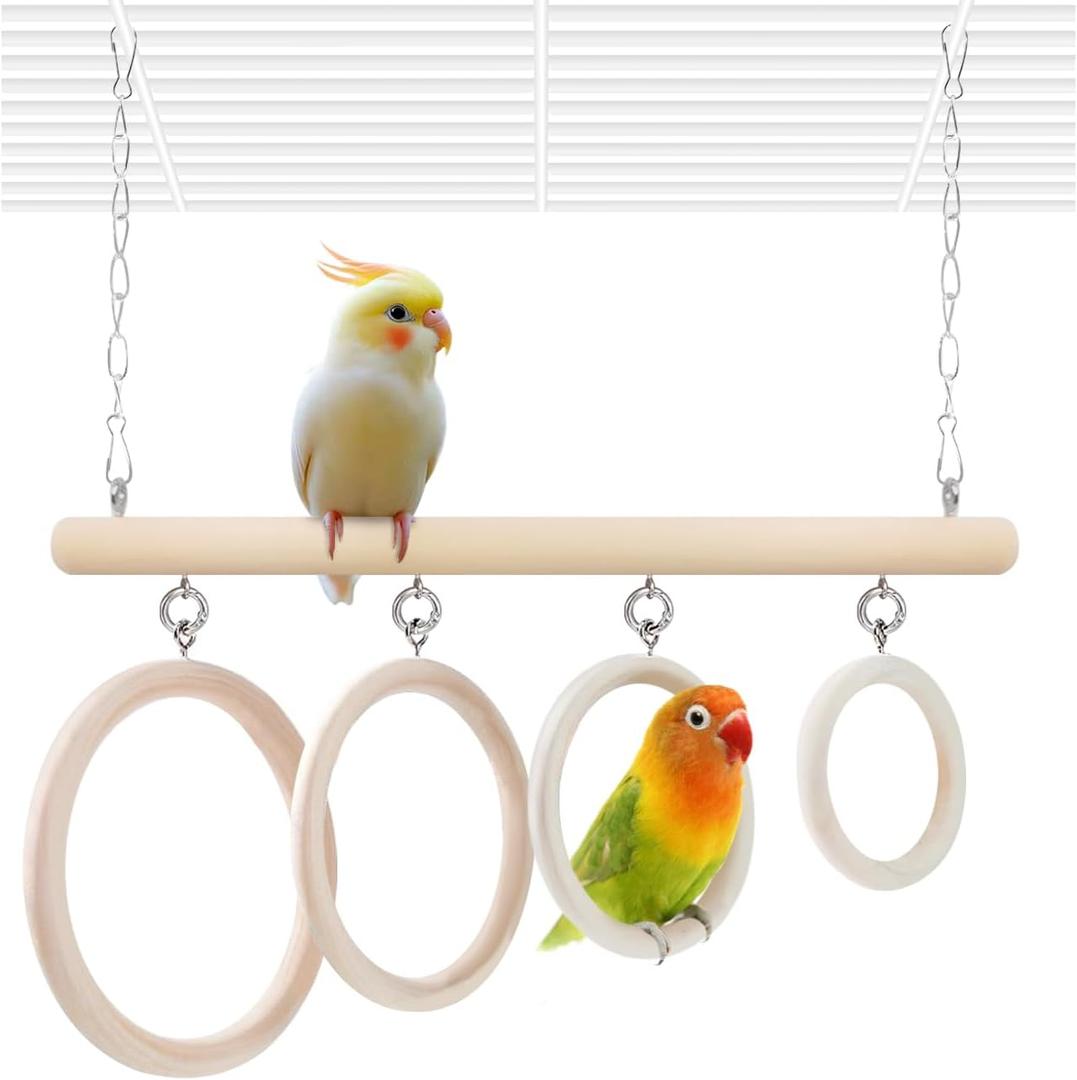 La La Pet Bird Swing Rings 4-Ring Perch Stand Wooden Parrot Playground Relieve Boredom Hanging Birdcage Accessories for Budgies Cockatiels Conures Parakeets Cockatoos