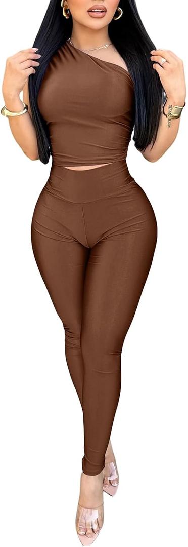 Ekaliy 2 Piece Outfits for Women Sexy One Shoulder Crop Top Bodycon Pants Set Clubwear (Brown, L)