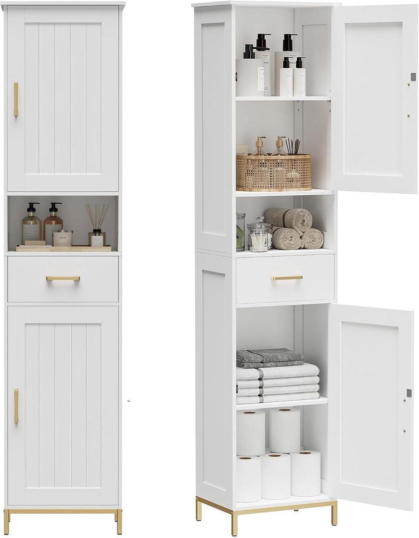 Homhedy 67" H Bathroom Storage Cabinet, Tall Storage Cabinet with Adjustable Shelves, Freestanding Cabinet with Doors and Drawer, Narrow Cabinet for Bathroom, Living Room, Kitchen, Dining Room, White, 11.8"D x 15.7"W x 67"H