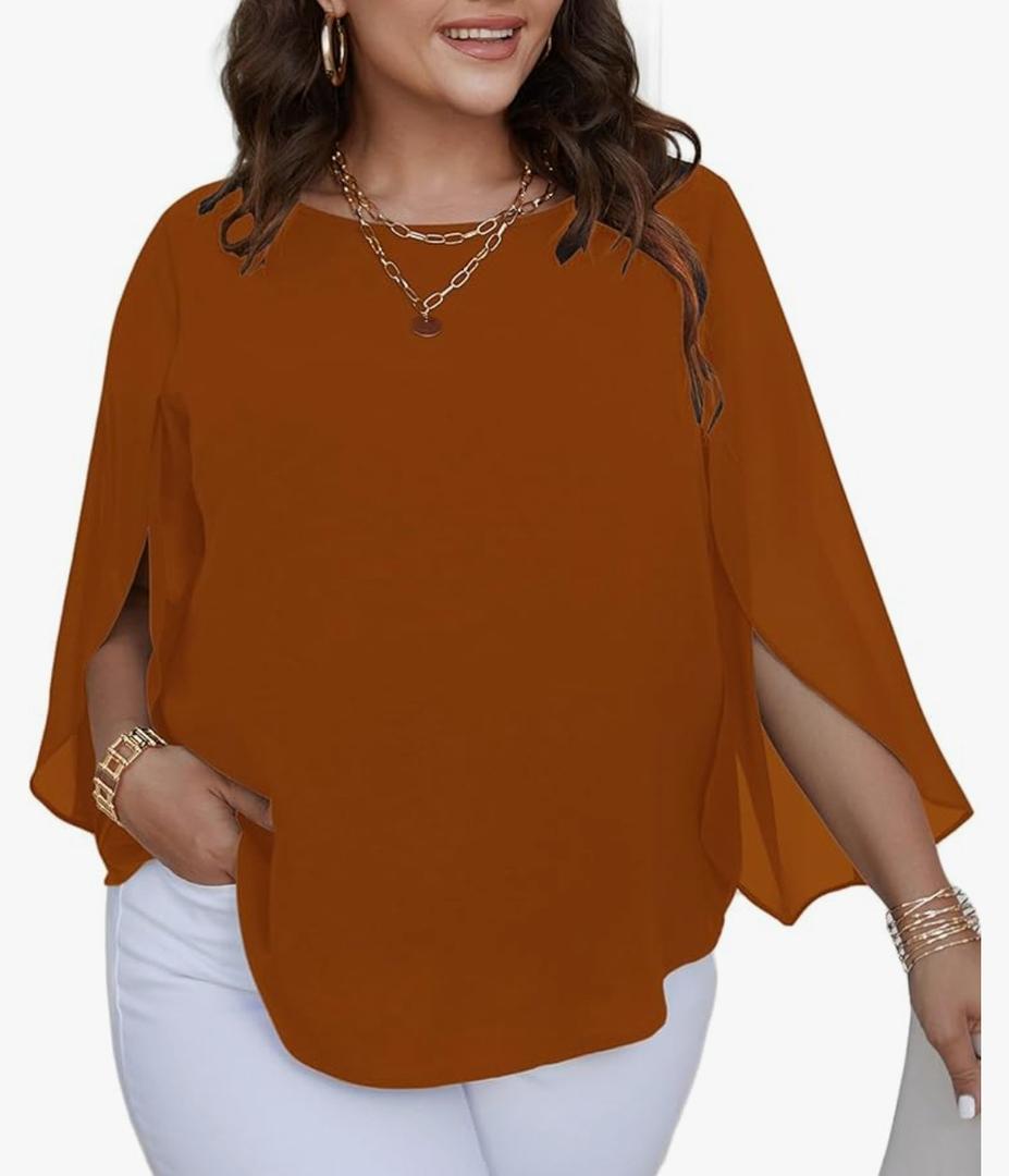 SCOMCHIC Plus Size Blouses for Women Summer Chiffon 3/4 Sleeve Tunic Tops Dressy Scoop Neck Casual Loose Flowy Shirts 2XL