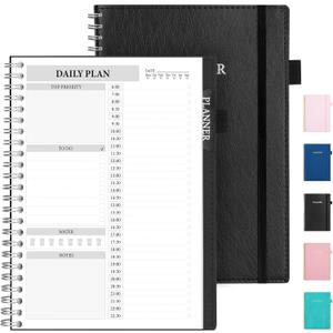 Durable Daily Planner Undated, A5 (5.8"x8.3"), Improved PU Leather To Do List Notebook With Hourly Schedule, Forvencer Luxurious Spiral Work Planner Organizer Notebook for Men and Women, 160 Pages,
