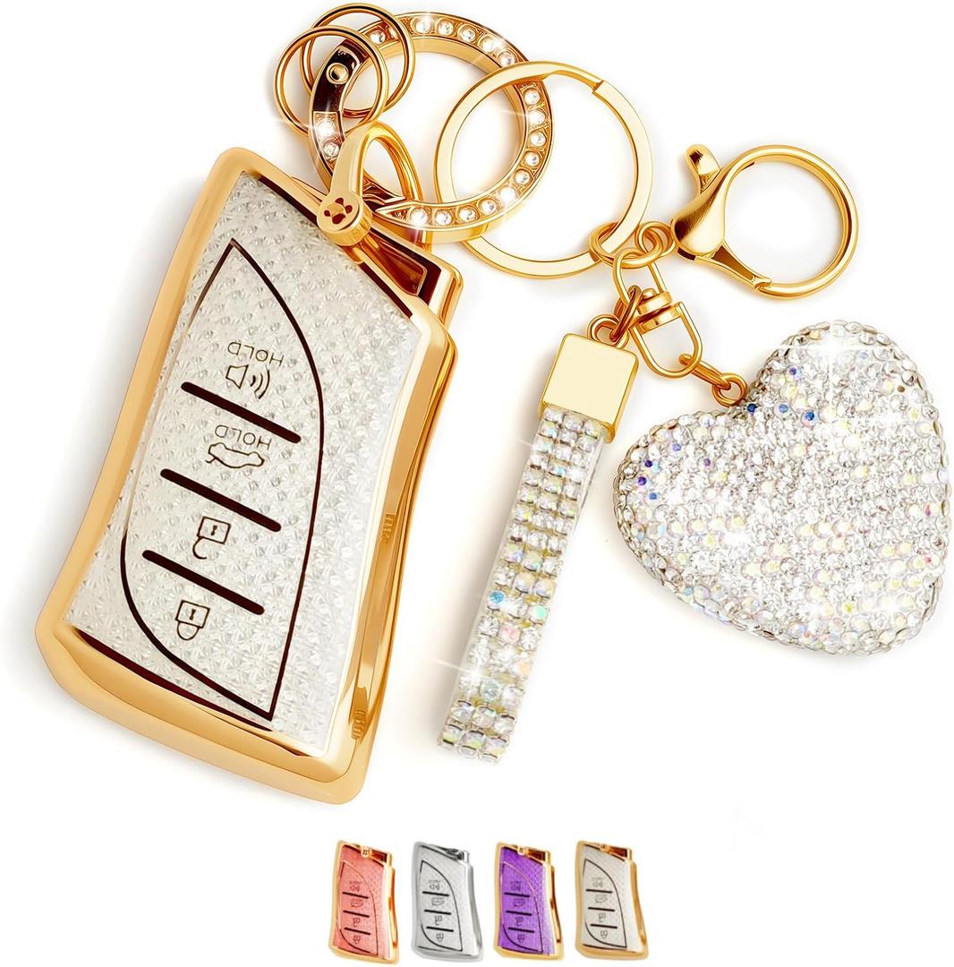 Key Fob Cover with Diamond, Compatible with Lexus ES LS LC RX NX LX TX GX Series 2018-2025 etc, Sparkling TPU Key Case and Bling Heart Decoration for Women (White)