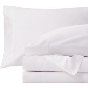 Pure Cotton Sheets - 4 Piece Queen Sheet Set, Soft & Breathable Queen Size Bed Set, Luxury Sateen Stripe Dobby Bedding with Elasticized 16" Deep Pocket Fitted Sheet, Queen,White
