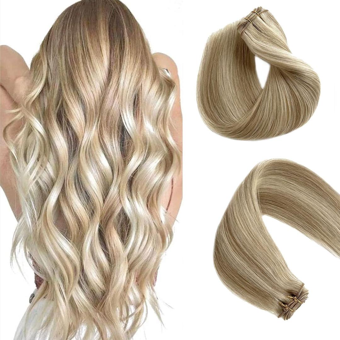 Sew In Real Human Hair Blonde Highlights Weft Extensions - Remy Hair Ash Brown Mix Platinum Blonde Hand Tied Weft - 14inch 80g (# 018P60)