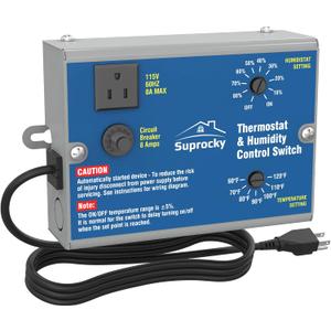 Adjustable Dual Thermostat and Humidity Control Switch with Socket and Overload Protector, Can Be Connected to Two Fans, Surface Spraying, for Power Attic Ventilators 