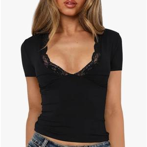 Women's Short Sleeve Sexy Lace Trim V-Neck Slim Fit Daily Basic Black Tees Spring Summer Going Out Casual Vacation Crop Tops Trendy Y2K Clothing (8638, L, Black)