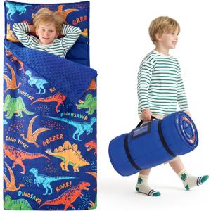 JOIEDOMI Toddler Sleeping Bag for Kids 55''x30'' Nap Mat with Removable Pillow and Minky Blanket for Toddler Ages 3-7 Roll Up Soft Kids Sleeping Bag for Boys Girls Kindergarten Daycare Sleepover, Colorful Dinosaur 