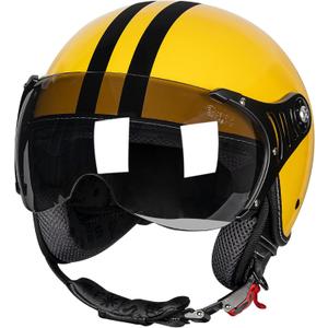 Yesmotor 3/4 Motorcycle Helmets Retro Open Face Scooters Helmet with Clear Visor for Men and Women- DOT Approved（Yellow Black LINE,M）