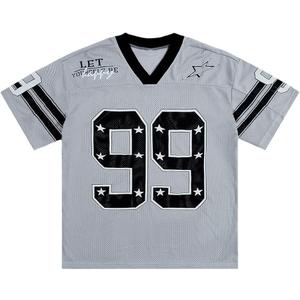 QJQ Men's Jersey Shirts Short Sleeve V Neck Graphic T Shirts Baggy Oversized Tee Summer Y2k Tops Streetwear (Gray, L)