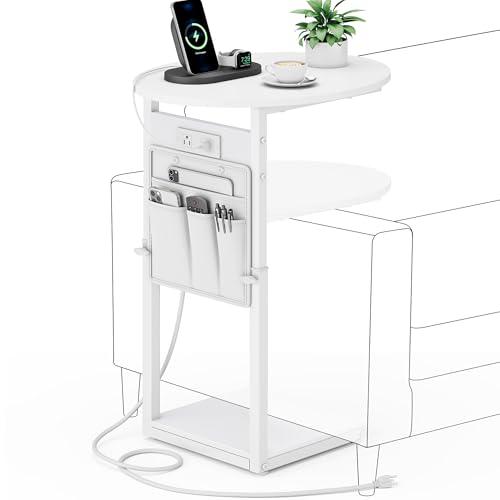 Vagusicc C Shaped End Table with Charging Station, 32" Tall Side Table for Couch and Recliner, Adjustable Height Small Couch Side Table Slide Under Sofa TV Tray Table for Living Room, Bedroom, White