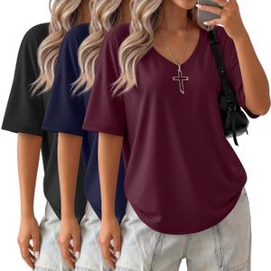 3 Pack Womens Oversized T Shirts Cotton V Neck Half Sleeve Shirts Y2k Baggy Tops Flowy Loose Summer Basic Tee Tops (Red, M)