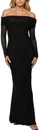 BORIFLORS Women's Elegant Off The Shoulder Bodycon Long Sleeve Maxi Dress Mesh Cocktail Party Wedding Guest Formal Dresses Medium
