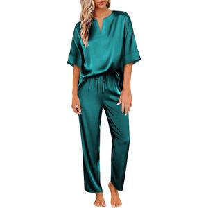 Ekouaer Satin Pajama Set Womens Silk Short Sleeve V Neck Shirt with Long Pant Soft Loungewear Pjs Set
Size M