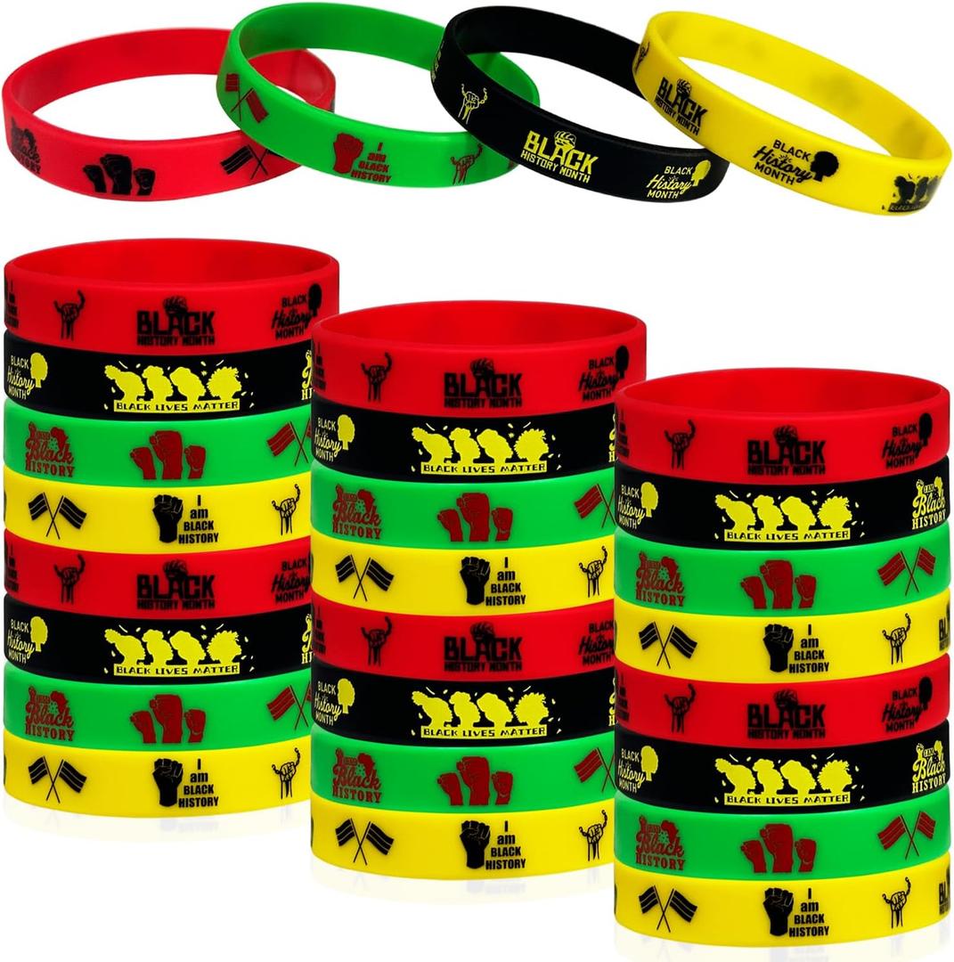 Black History Month Rubber Bracelets Party Favors Pan African American Party Silicone Band Bracelet Party Supplies Rubber Bracelets Bulk Goodie Bag Gifts for Black History Month Party 24 Counts