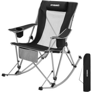 FUNDANGO Rocking Camping Chair, High Mesh Back Portable Folding Camp Chairs with Pillows, Cup Holder and Carry Bag for Lawn Patio Garden Outdoor Supports 300 Lbs (Black/Grey)