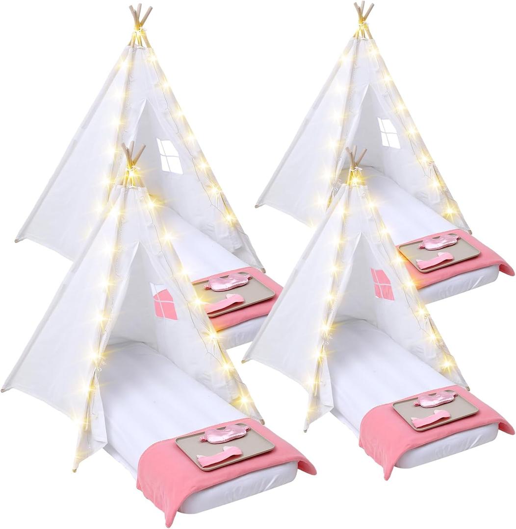 Windyun 4 Pack Kids Teepee Tent for Slumber Party with Mattress and Lights, Sleepover Tents for Girls Boys Indoor Outdoor Cotton Teepee with Airbed Tray Blanket Birthday Party Supplies (White)
