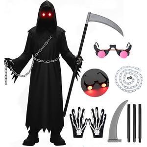 Xtinmee Grim Reaper Costume Scary Halloween Outfit for Adult with Glowing Eyes Scythe Gloves Chain for Halloween (XL for 12-14 Yr)