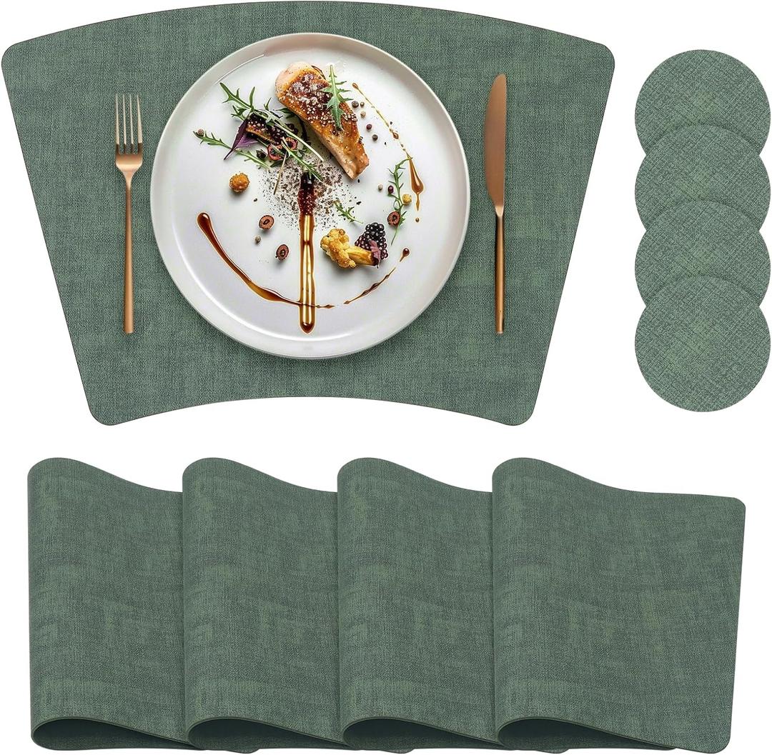 Round Table Placemats Set of 4, Wedge Shaped Faux Leather Table Mats, Heat Resistant Wipeable Washable Place Mats for Dining Table Dinner Kitchen Indoor Outdoor (Dark Green)