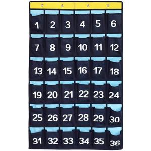 Numbered Pocket Chart Over Door Hanging Classroom Organizer for Cell Phones Calculators Holders Blue (36 POCKETS)