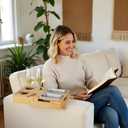 Bamboo Couch Cup Holder Tray with 2 Stainless Steel Snack Bowls - Large Sofa Caddy Organizer (15.5" x 9.8") with Wine Glass Slots & Handles - Portable Bed & Couch Food Server for Movie Night