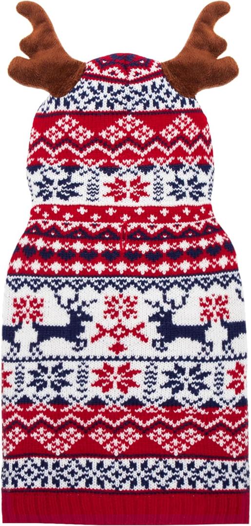 Christmas Dog Sweater, Winter Warm Antlers Hoodie Knitwear Pullover Dog Clothes for Cold Weather, Cute Ugly Holiday Pet Costume Outfits with Leash Hole for XL Dogs, Puppy, Cats