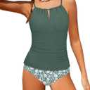 Girls Swimsuit Halterneck 2 Piece Girl Swimsuit with Floral Print Shorts Ruched Girls Tankini Swimsuit 11-18 Years (Green)