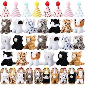 Motionchic 20 Set Cat Stuffed Animals Bulk with Birthday Hats Kraft Paper Boxes Mini Plush Toys Small Stuffed Kittens Adopt Pet Gift for Adoption Event Animal Theme Birthday Party (Sitting Cat)