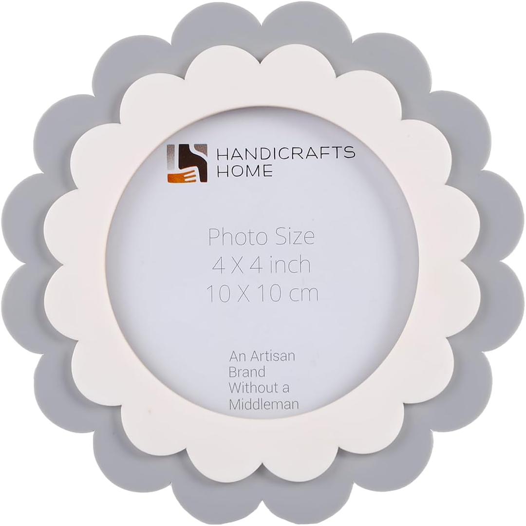 Handicrafts Home Scalloped Bone Inlay Picture Frame 4x4 Handmade Round Decorative Photo Frame, Grey & White Boho Desk & Shelf Decor, Vintage Style Small Frame for Nursery, Home Styling & Gift