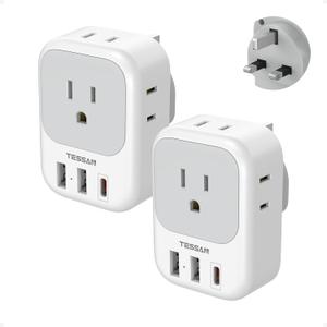 UK Adapters for Travel 2 Pack, TESSAN Type G US to UK Plug Adapter with 4 Outlets 3 USB Charger(1 USB C PD 20W), Power Adaptor for USA to Ireland Scotland Dubai Hong Kong England British Kenya London