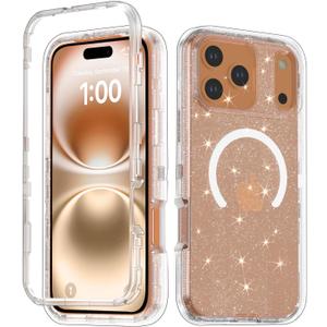 Designed for iPhone 17 Pro Max Case,[Compatible with Magsafe] [Non-Yellowing] [Without Screen Protector] Shockproof/Dust/Drop Proof 3-Layer Full Body Protection Rugged Heavy Duty Cover, Clear Glitter