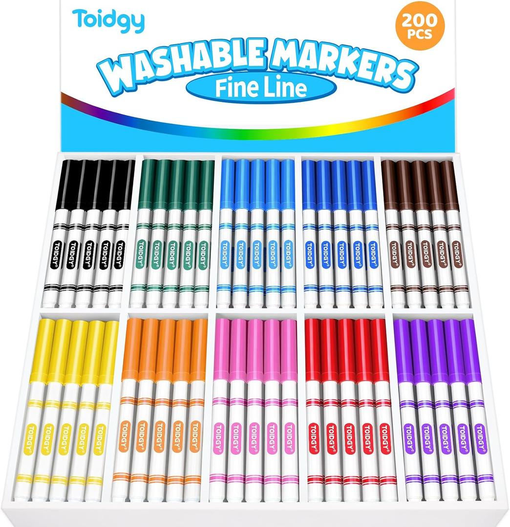 200 PCS Washable Markers for Kids, Colored Markers Bulk for School, Thin Marker Set in 10 Assorting Colors, Fine Line Marker with Conical Tip, Back to School Supplies, Classroom Must Haves