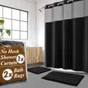 3 Pcs No Hook Beige Shower Curtain Set with Chenille Bath Rugs - 71" x 74" Shower Curtain with Snap-in Fabric Liner & Non-Slip Water Absorbent Bathroom Mats Set Accessories Black