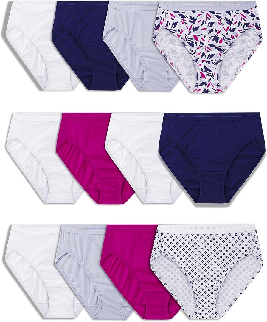 Fruit of the Loom Women's Eversoft Cotton Underwear Multipacks, Tag Free & Breathable, Size (9, Hi Cut - Navy/White/Pink)