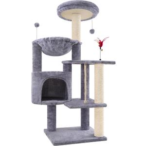 42.5'' Cat Tree for Indor Cats, Multifunctional Cat Tower with Cozy Condo, Perches, Scratching Posts and Hammock, Grey…