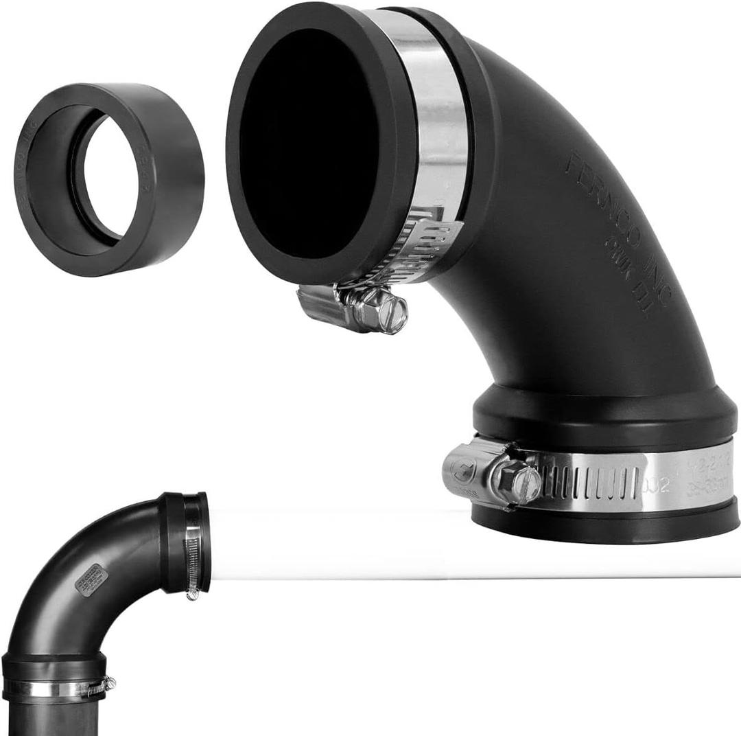 Fernco 1.5" Flexible PVC 90-Degree Elbow Includes Optional 1.25" Reducer Bushing for DWV Cast Iron, Steel and Plastic Pipe Connections