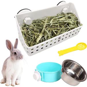 kathson Rabbit Hay Feeder Hay Manger Less Wasted Grass Holder Rack Removable Stainless Steel Crate Bowl Water Food Feeder for Rabbits Bunny Chinchilla Guinea Pigs (Large)