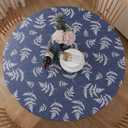 Round Vinyl Fitted Tablecloth, Waterproof Elastic Table Covers Wipeable Flannel Backed Tablecloths for Picnic Camping Indoor and Outdoor (Leaf, Prussian Blue, Fits 40" to 44" Diameter Tables)