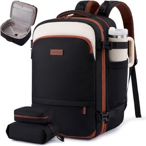 LOVEVOOK Travel Backpack for Women, 45L Expandable Large Carry On Backpack, Personal Item Travel Bag Flight Approved, Business Weekender Overnight Essentials Waterproof Back Pack, Fit 17 Inch Laptop (Black-beige-brown)