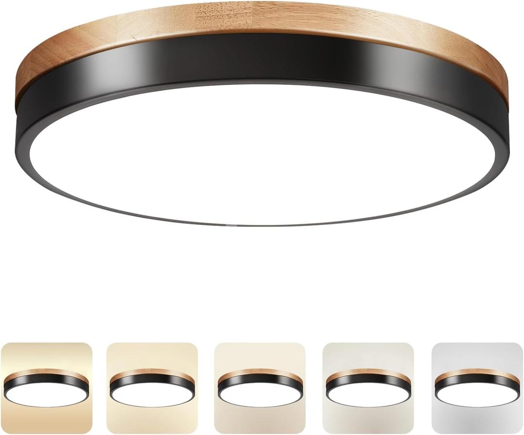 11.8 inch Wood Led Flush Mount Ceiling Light, Dimmable, 5CCT 3000K-6000K Selectable, 36W, 3600LM, Round Modern White Light Fixture Ceiling Mount for Bedroom, Laundry Room,Kitchen, Hallway, Black