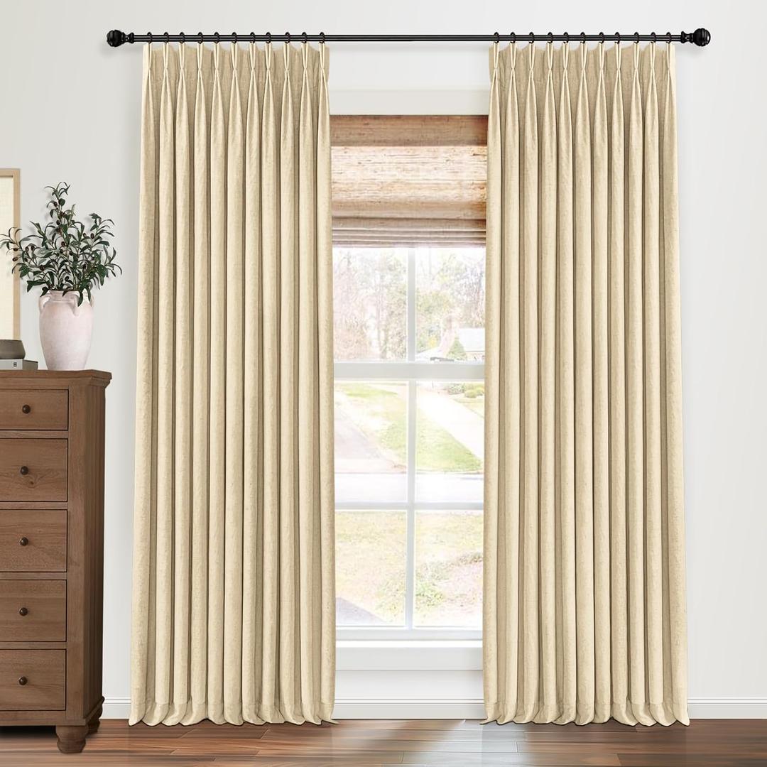 Pinch Pleated Blackout Curtains 100 Inch Long, Linen Blend, 100% Blackout Drapes with 20 Hooks, Ideal for Bedroom and Living Room, 40" W x 100" L (Pack of 2), Dark Linen (C16 Light Khaki)