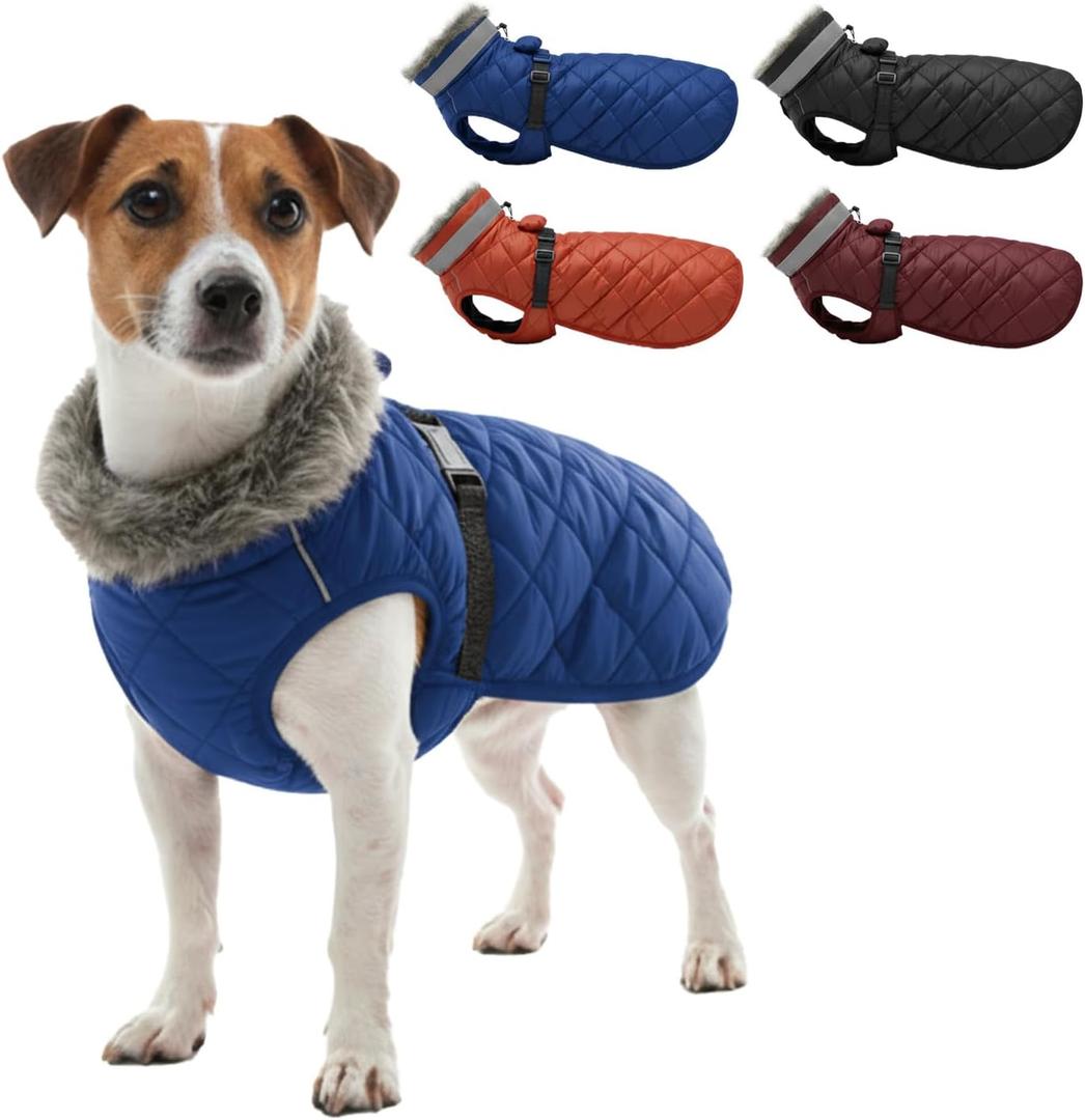 Winter Jacket for Medium Small Dogs, Waterproof Dog Coat with Fur Collar, Reflective Fleece Lined Doggy Clothing with Elastic Strap, Cold Weather Pet Outfits, Boy & Girl Puppy Overalls, XXL